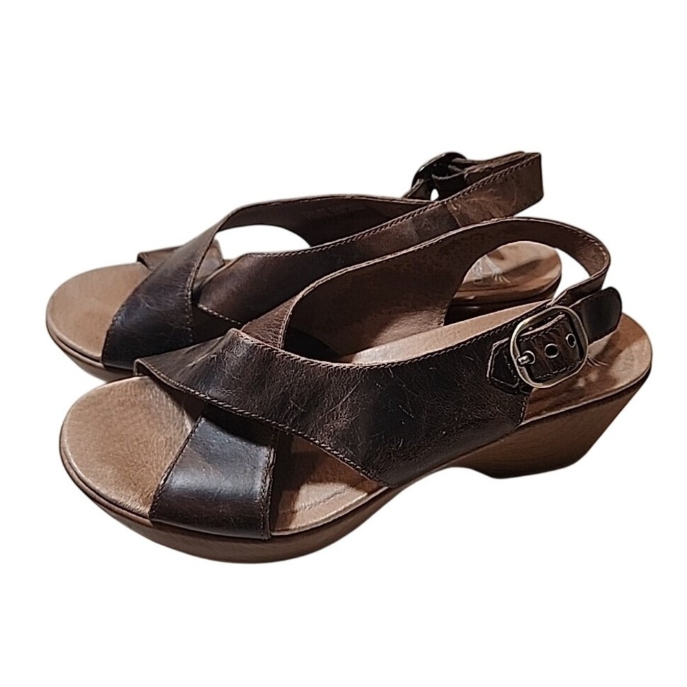 Dansko Women Brown Leather Wedge Slingback Sandals Size 40